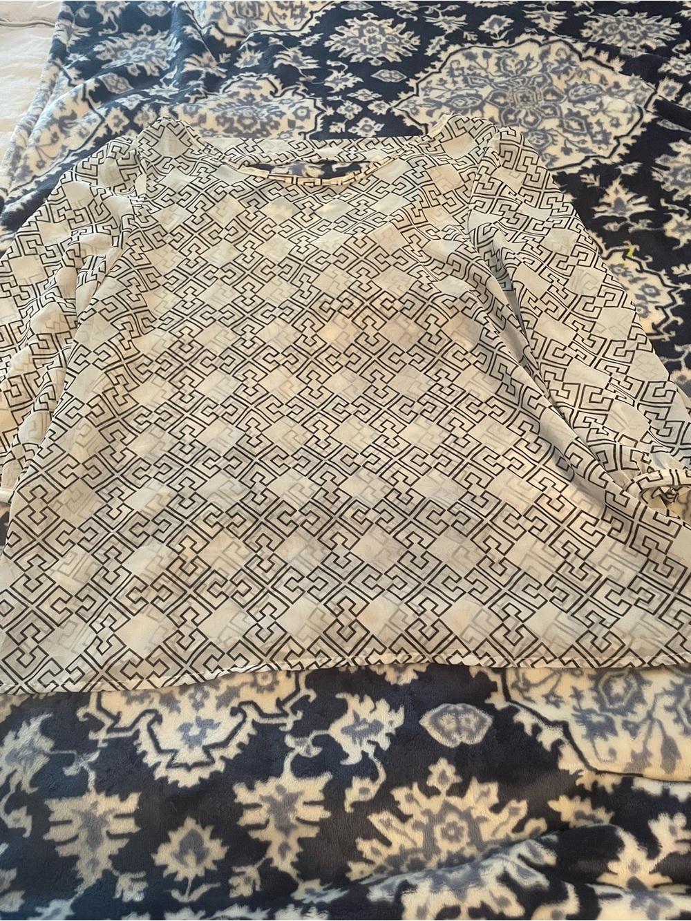 buttons Cream and Black Geometric Long-Sleeve Top
